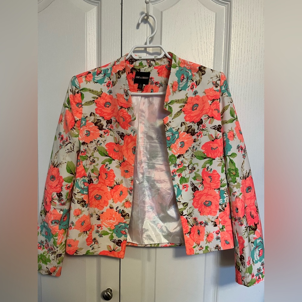 LOVE & LIBERTY White/Bright Floral Print Long Sleeve Jacket/Blazer Size Medium
